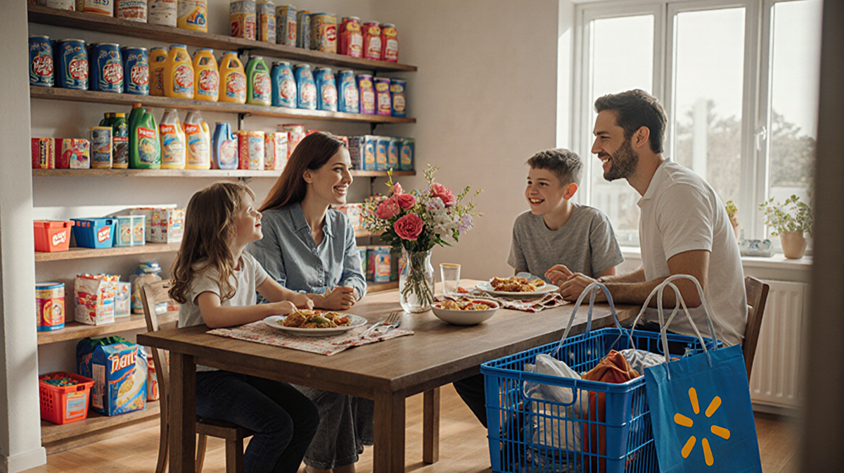 Family gathers around kitchen table with fresh flowers and a tasty meal while Walmart shelves fill the background