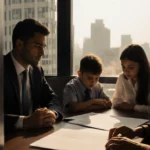 Family sitting at law office table reviewing legal documents with city skyline visible through doorway