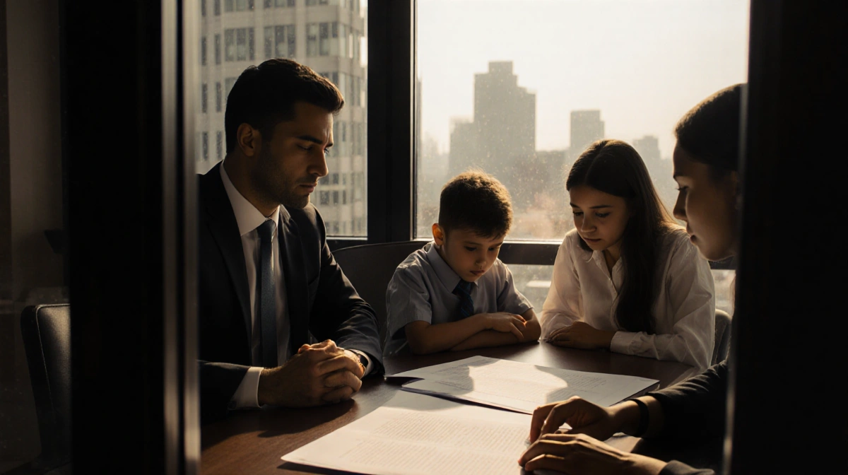 Family sitting at law office table reviewing legal documents with city skyline visible through doorway