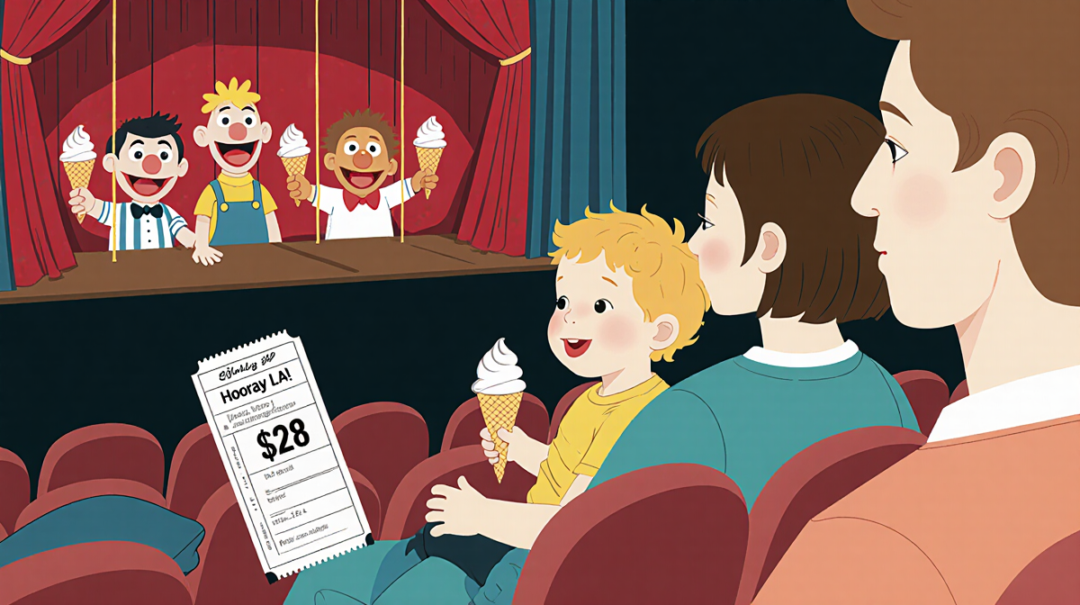 Child sits on parent's lap watching marionette stage show with ticket stub showing $28 in foreground and pillows arranged nea