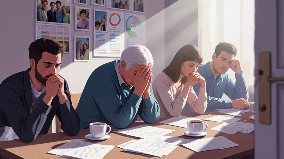 Family member sitting with head in hands while relatives gather with medical records scattered on table