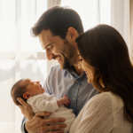 Mario cradling newborn baby boy with Esmeralda beside him both smiling as family in warm golden light.