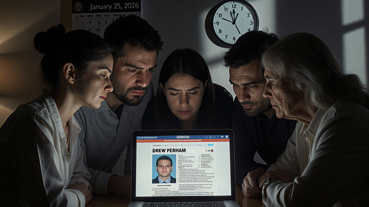 Family huddles over a laptop with a missing-person news article and a calendar showing January 25 2026