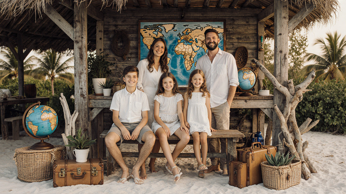 Family poses around wooden workbench with vintage luggage and globes on tropical island