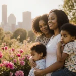 Family stands together with blooming garden and Minneapolis skyline showing hope and resilience