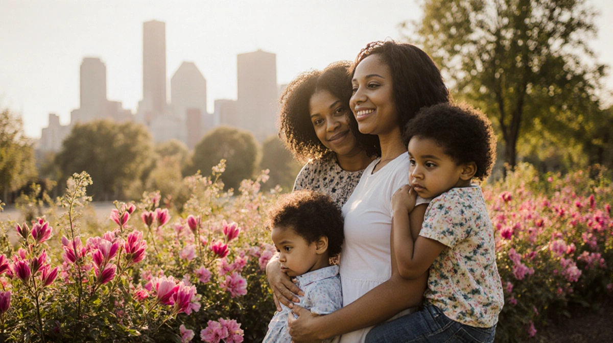 Family stands together with blooming garden and Minneapolis skyline showing hope and resilience