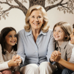 Kathie Lee Gifford smiles with grandchildren holding hands and looking up golden light and family tree in background