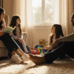 Kobe and Vanessa Bryant embrace their four kids with soft golden light in a cozy family room