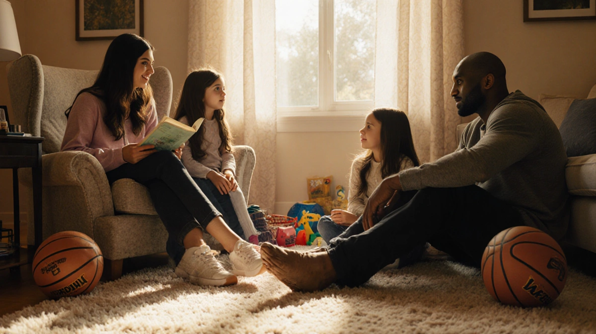 Kobe and Vanessa Bryant embrace their four kids with soft golden light in a cozy family room