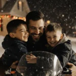Happy family embracing after proposal with father holding snowmobile and sons celebrating near holiday decorations