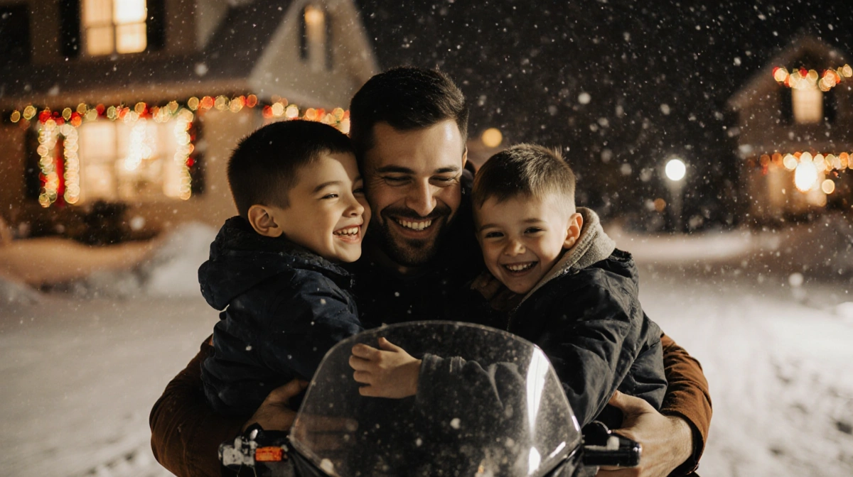 Happy family embracing after proposal with father holding snowmobile and sons celebrating near holiday decorations