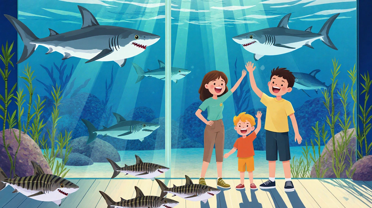 Family with children excitedly touching bamboo sharks in shark lagoon with large sharks swimming behind glass panels