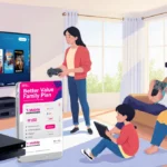 Family enjoys streaming entertainment together with T-Mobile logo showing Better Value Family Plan on tablet near window