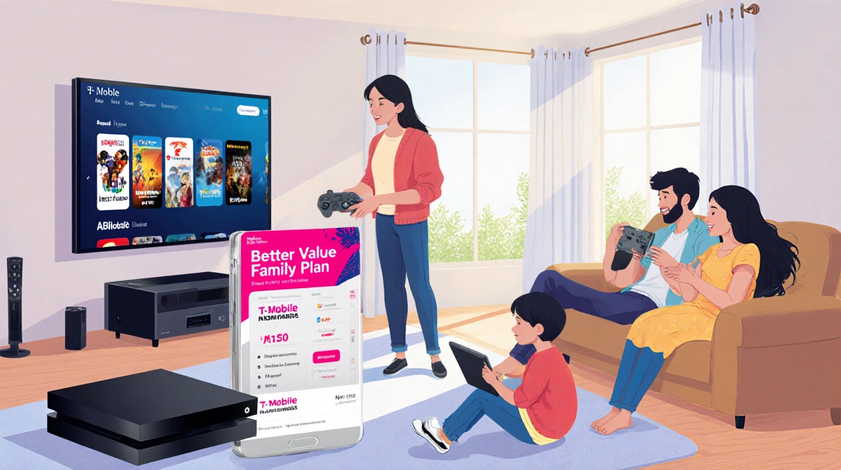 Family enjoys streaming entertainment together with T-Mobile logo showing Better Value Family Plan on tablet near window