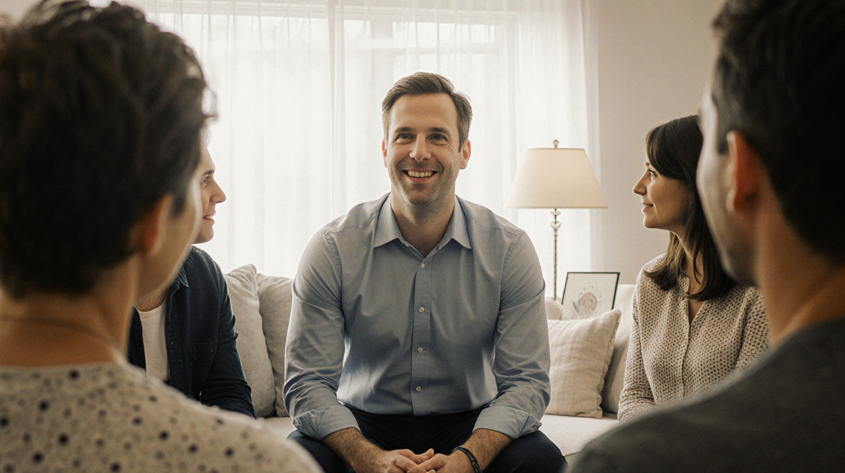 Therapist Jimmy listening to family therapy session with warm natural light and a circle seating.