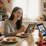 Mother and two sons sharing meal at kitchen table with tablets showing TikTok videos and natural light streaming through wind