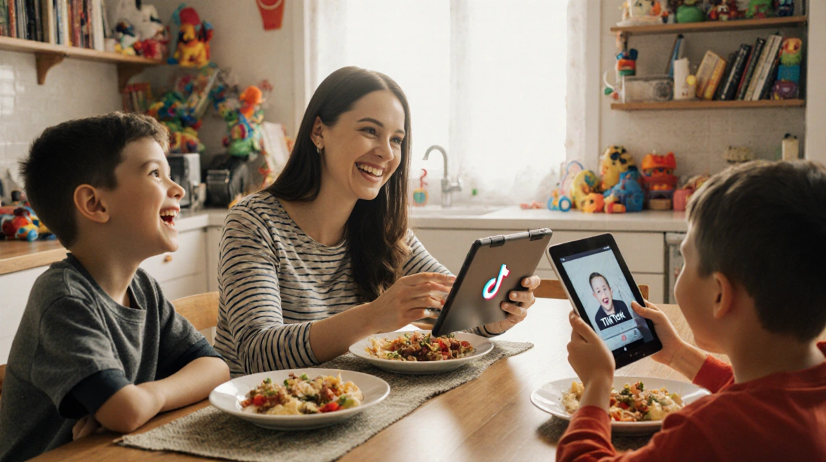 Mother and two sons sharing meal at kitchen table with tablets showing TikTok videos and natural light streaming through wind