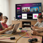 Family reviewing phone plans on phones with colorful cables and a TV screen showing a streaming logo in bright natural light