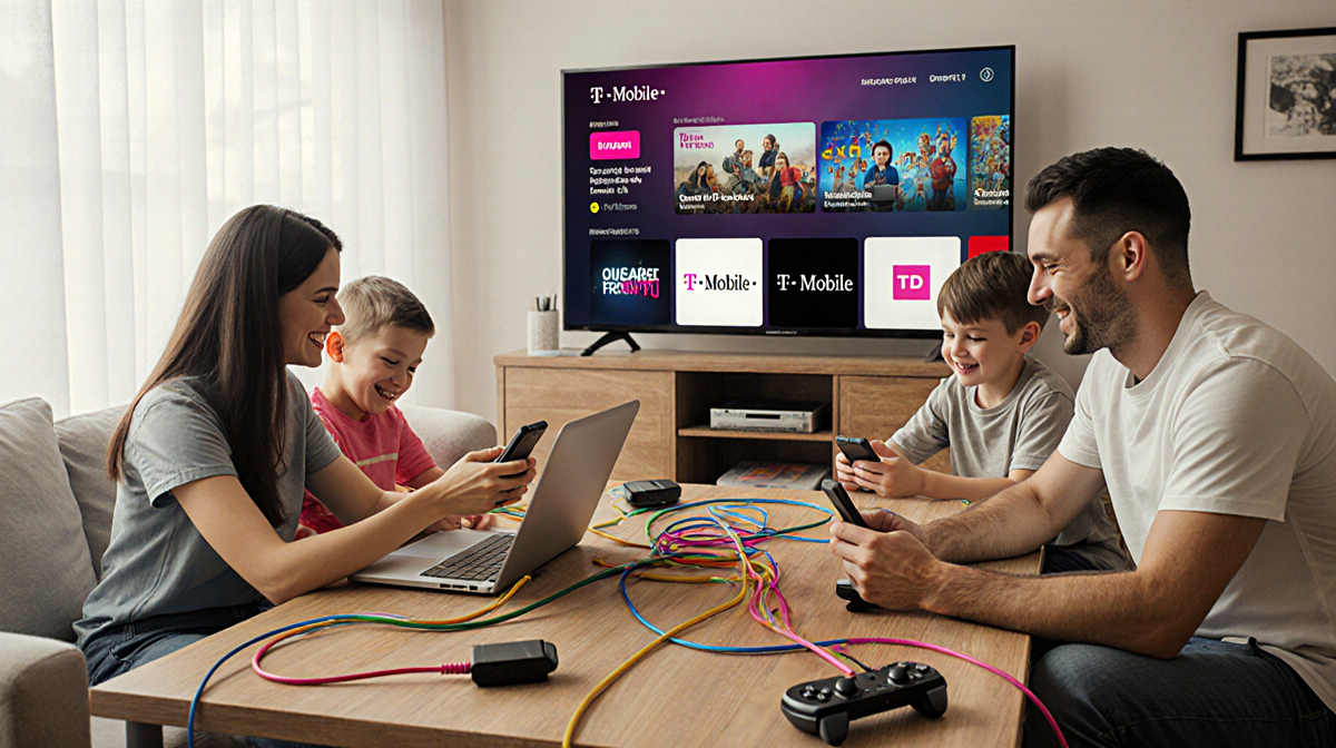 Family reviewing phone plans on phones with colorful cables and a TV screen showing a streaming logo in bright natural light