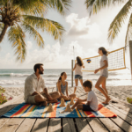 Bryan and Sarah Baeumler sitting together on a weathered wooden dock with tropical plants and beach towels for a family islan