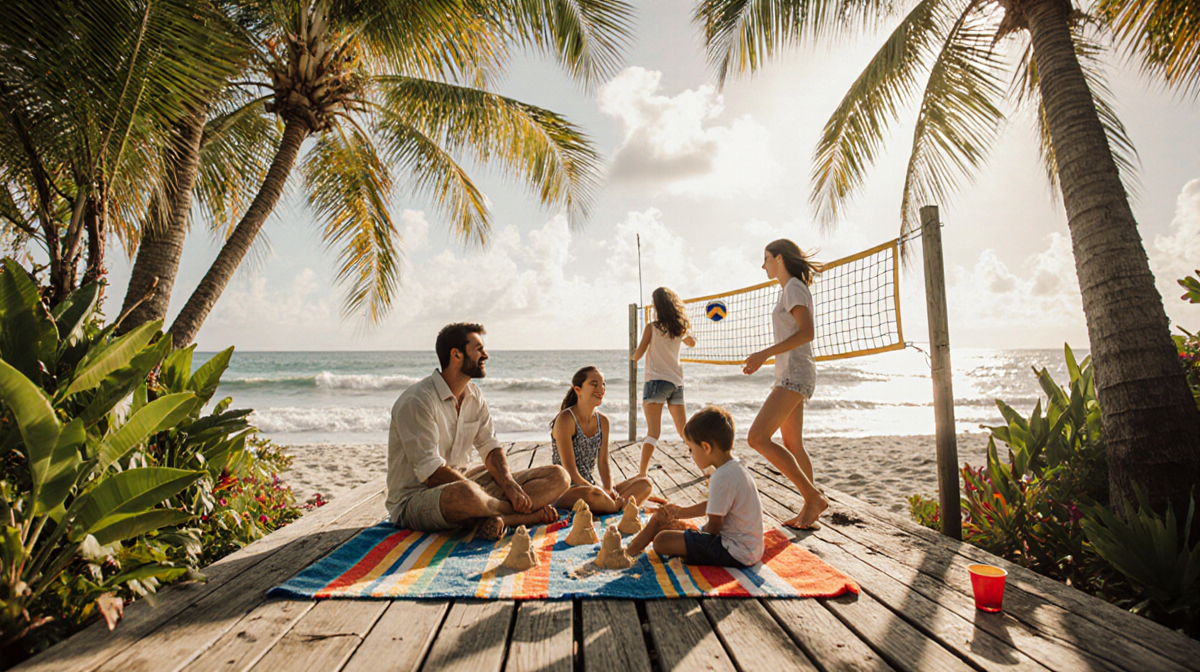 Bryan and Sarah Baeumler sitting together on a weathered wooden dock with tropical plants and beach towels for a family islan