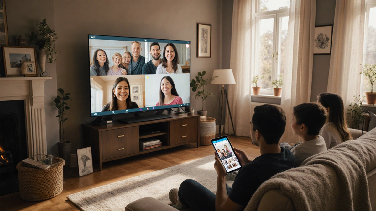 Family smiling at group chat on large screen with photos and heirlooms nearby