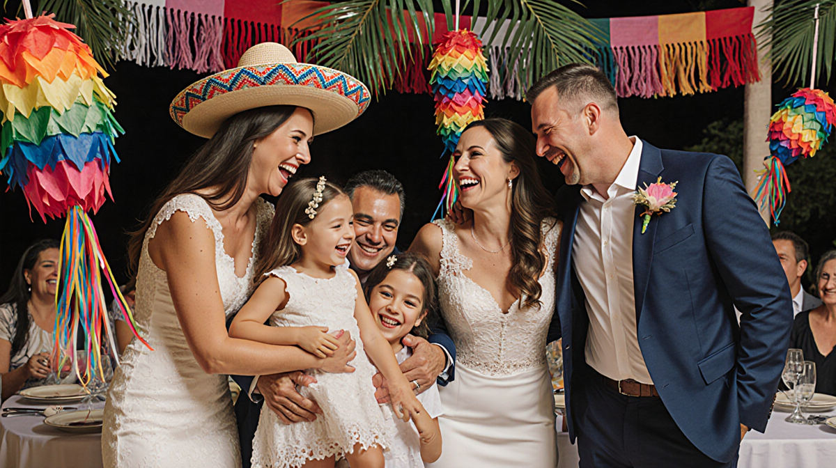 Rick Harrison and Angie Polushkin laugh with their family at a wedding and tropical decorations near colorful piñatas.