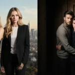 Duff sisters stand with arms crossed beside skyline while Beckham twins huddle near door contrast