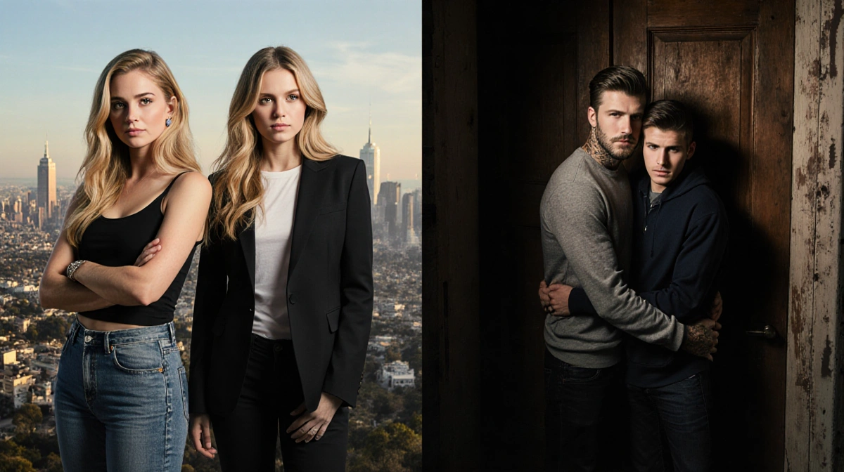 Duff sisters stand with arms crossed beside skyline while Beckham twins huddle near door contrast