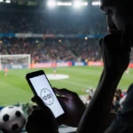 Nervous fan checks phone with World Cup countdown timer and stadium lights glowing behind