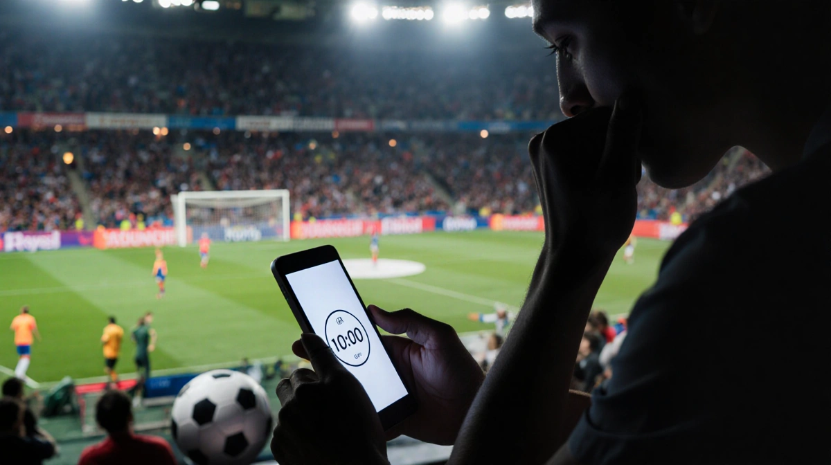 Nervous fan checks phone with World Cup countdown timer and stadium lights glowing behind