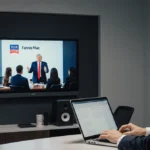 Trump speaks on large screen with Fannie Mae executive reviewing documents on laptop in modern office