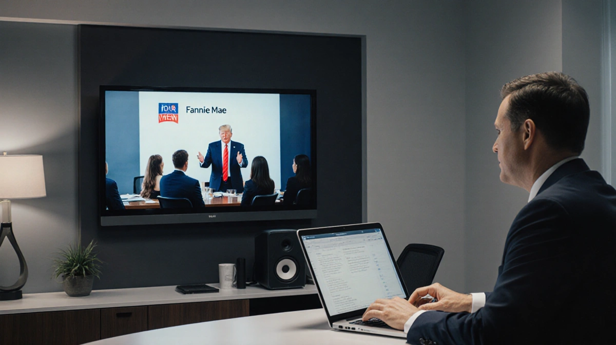 Trump speaks on large screen with Fannie Mae executive reviewing documents on laptop in modern office