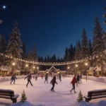 Ice skaters gliding on outdoor rink with twinkling lights and snow-covered trees surrounding the magical winter scene