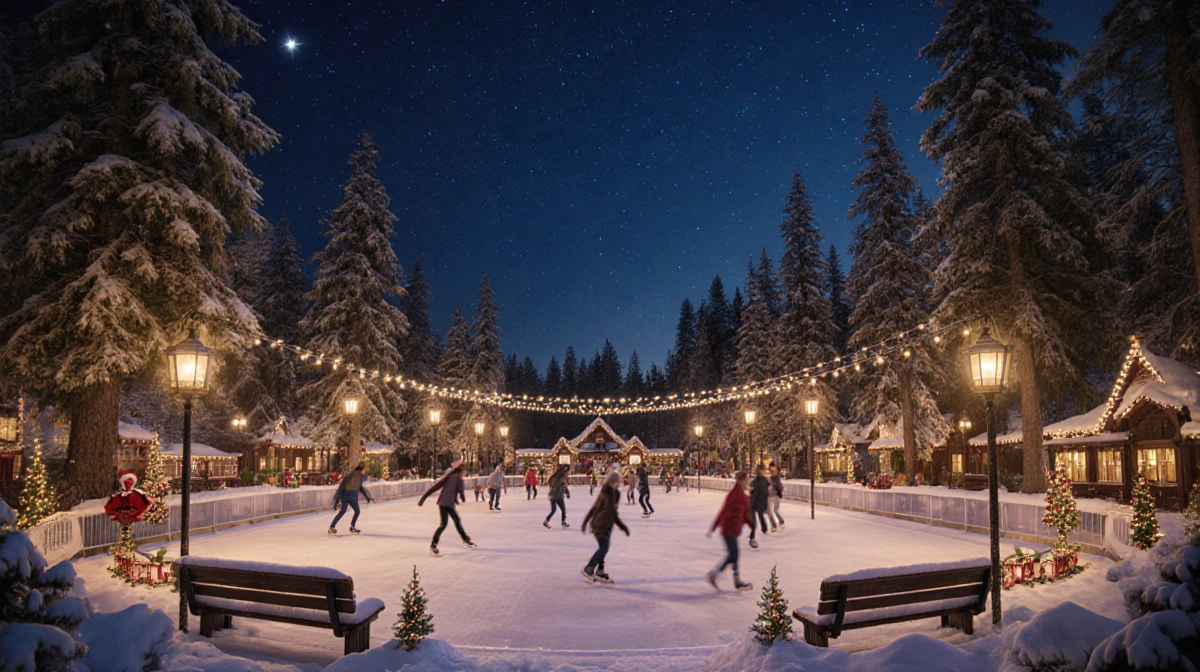 Ice skaters gliding on outdoor rink with twinkling lights and snow-covered trees surrounding the magical winter scene