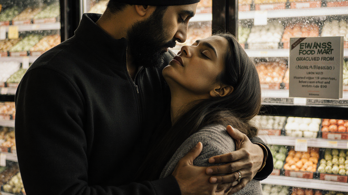 Faris carries rescued woman into Evans Food Mart with warm light and grateful embrace