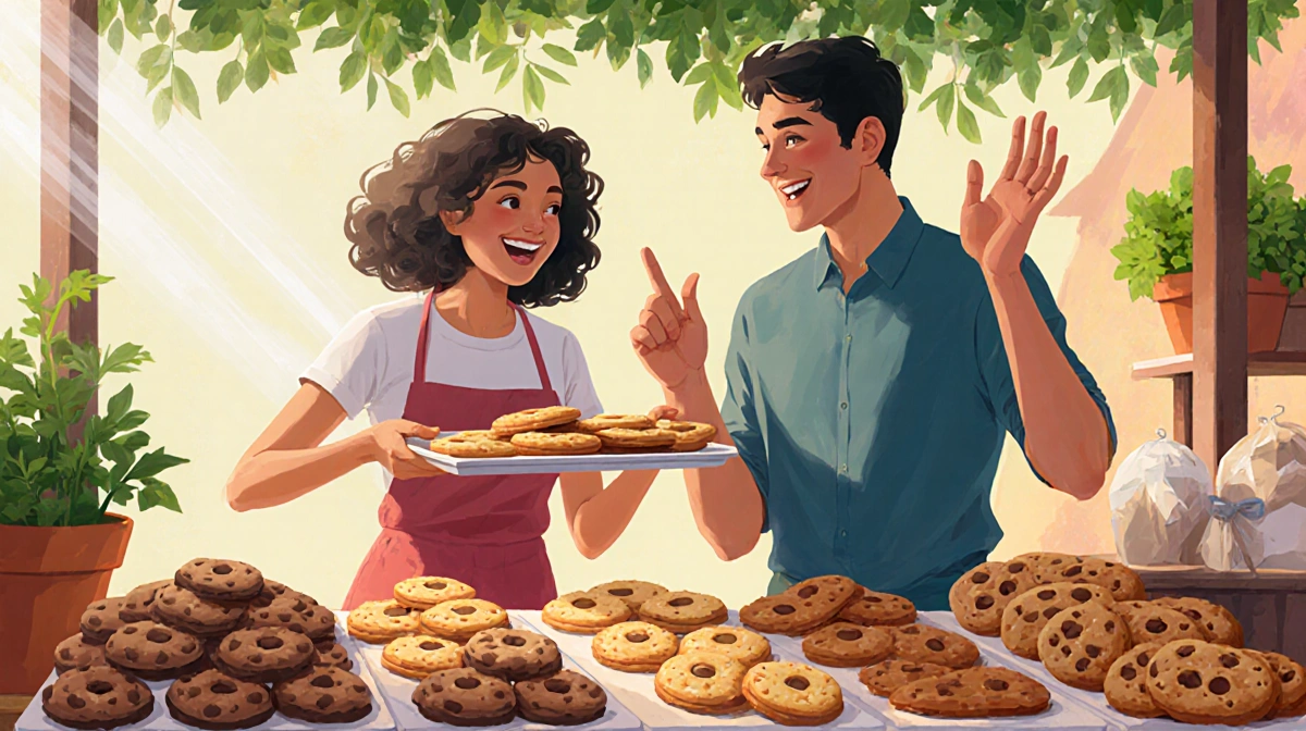 Two siblings arrange fresh baked cookies at their farmer's market stall with natural light and greenery behind them