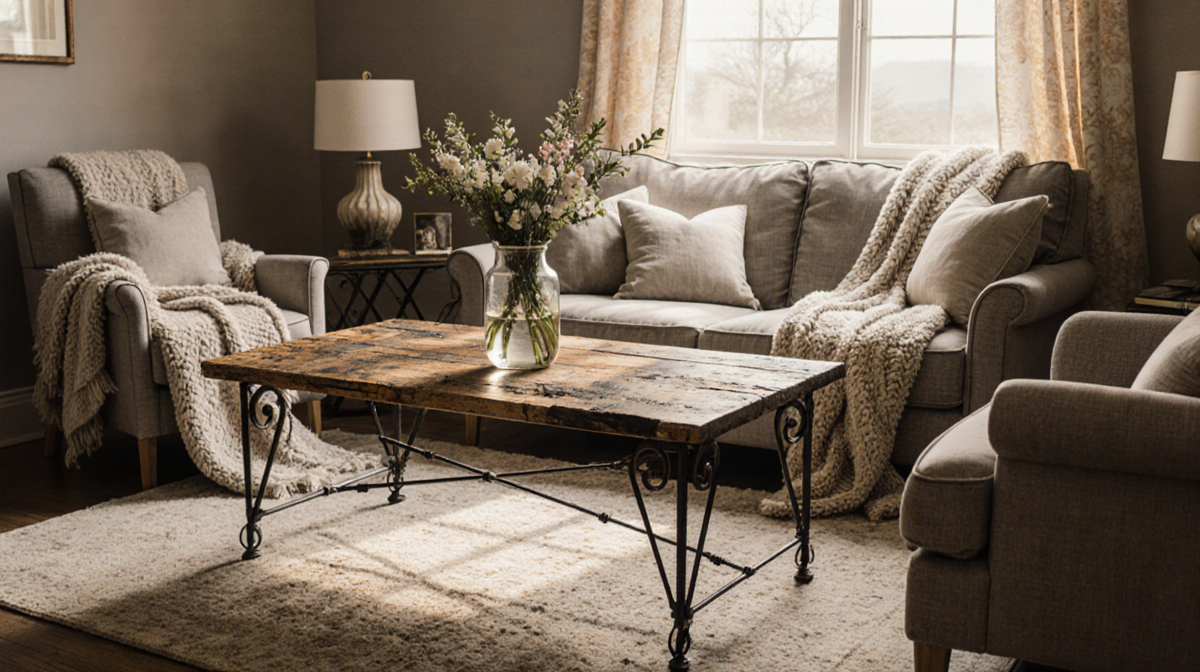 Living room invites relaxation with warm light and cozy armchairs near a farmhouse coffee table.
