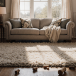Living room glows with warm natural light around plush rug and pet toys.