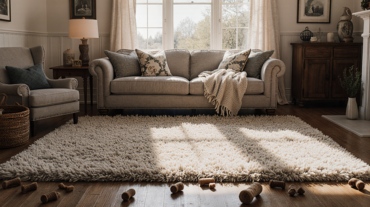 Living room glows with warm natural light around plush rug and pet toys.