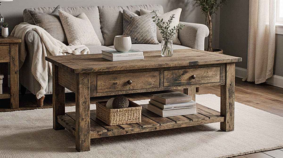 Farmhouse coffee table sits in a cozy living room with warm lighting and rustic wood-grain top and shelves.