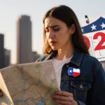 Farrah Abraham standing confused with Austin cityscape and 2026 campaign sign behind her