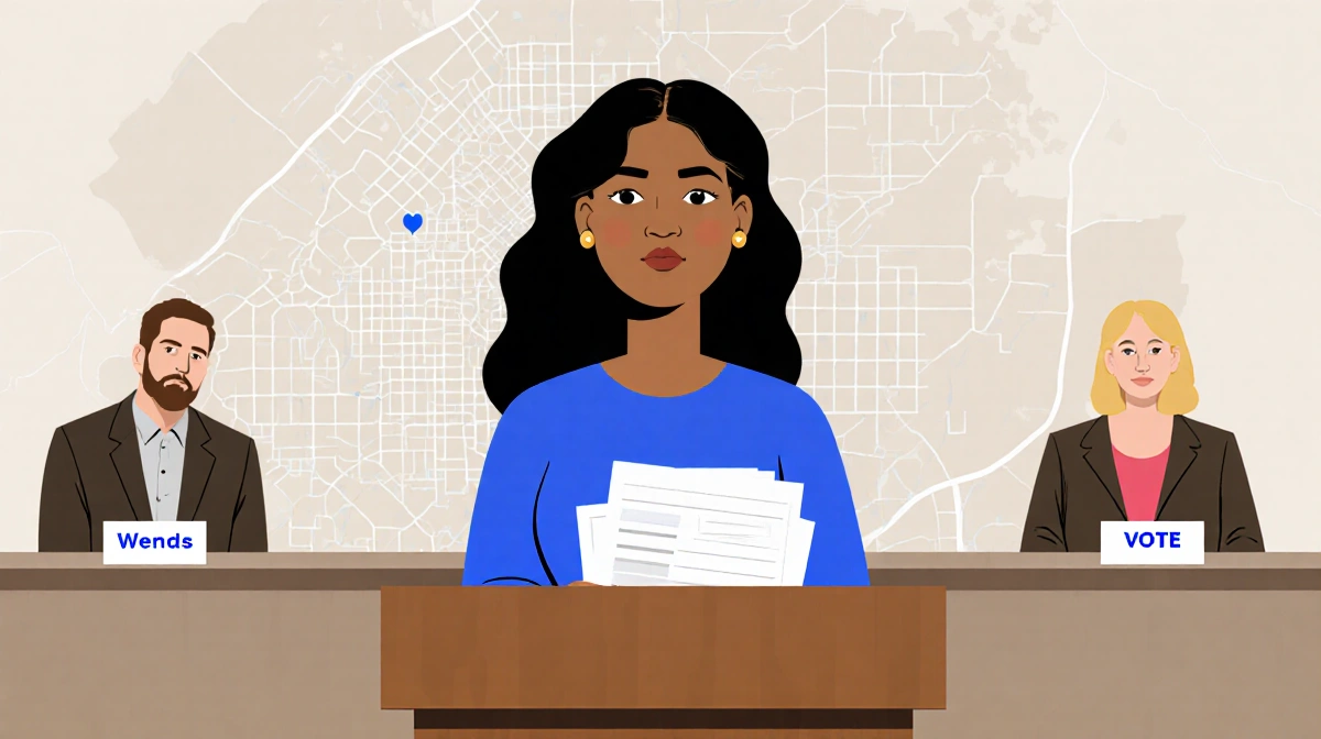 Farrah Abraham speaking at city council podium with refiled paperwork and determined expression showing political pivot