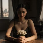 Fashion influencer sitting alone in dim room with white flowers and city lights visible through window