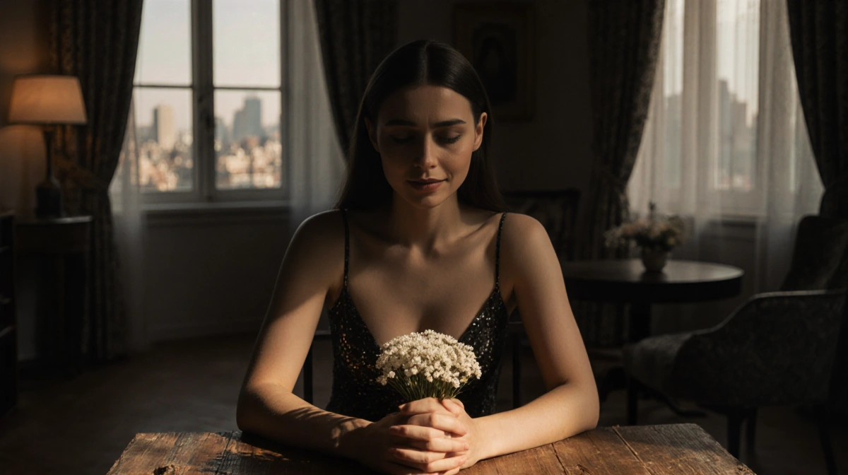 Fashion influencer sitting alone in dim room with white flowers and city lights visible through window