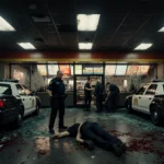 Police officer stands at restaurant entrance with paramedics treating victim on floor and emergency vehicles outside