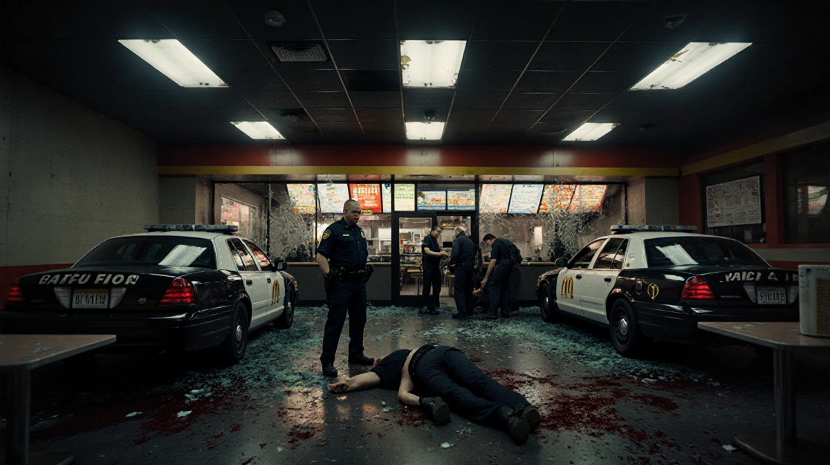 Police officer stands at restaurant entrance with paramedics treating victim on floor and emergency vehicles outside