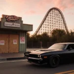 High-speed car zooms past boarded‑up Universal entrance with For Sale signs and new roller coaster track in sunny sky.