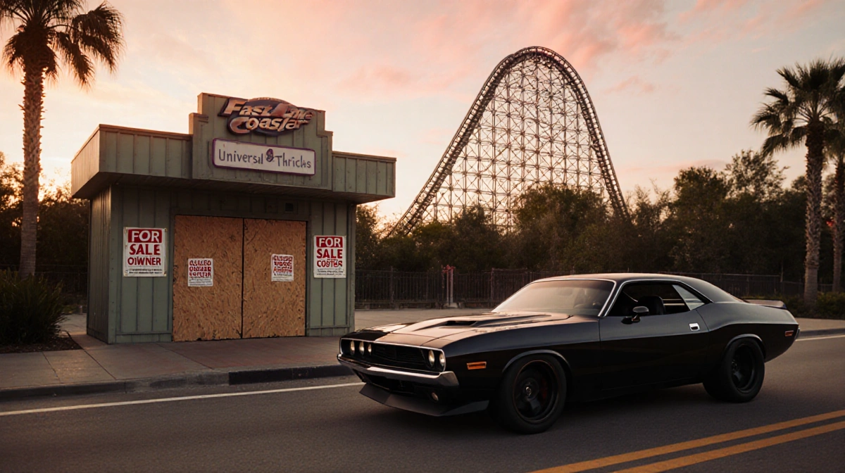 High-speed car zooms past boarded‑up Universal entrance with For Sale signs and new roller coaster track in sunny sky.