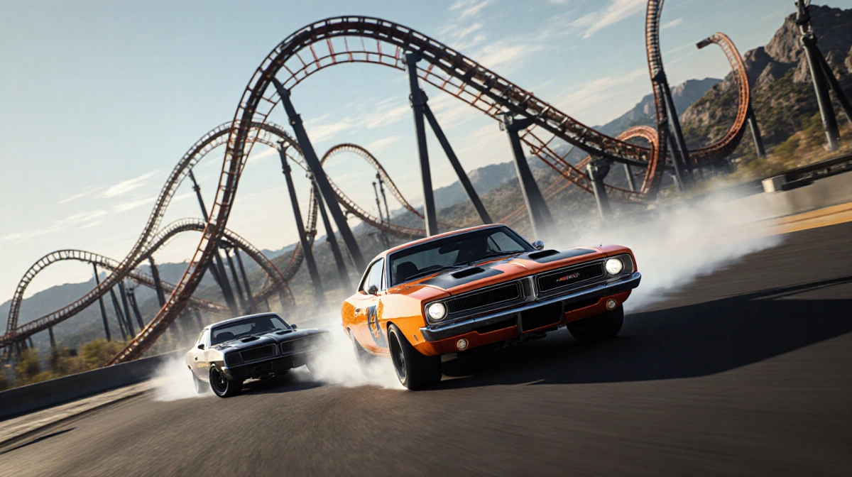 Fast & Furious coaster cars drift 360 degrees with blurred park backdrop and vibrant lighting